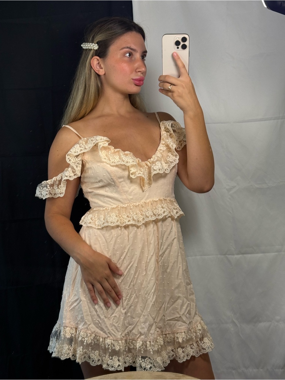 Selfie Leslie Cream Ruffle Lace Mini Dress